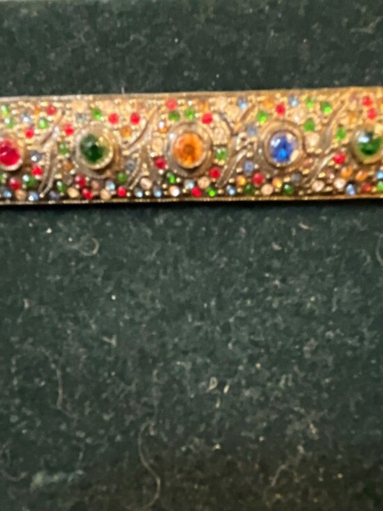 Jewelry - Vintage 2" Multicolor Rhinestone Brass Filigree Bar Brooch Pin Art Deco Style